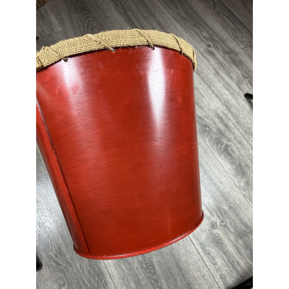Christmas Red Metal Waste Basket Trash Can Burlap Rim Bells Holly 7 1/2” Tall - Picture 4 of 5